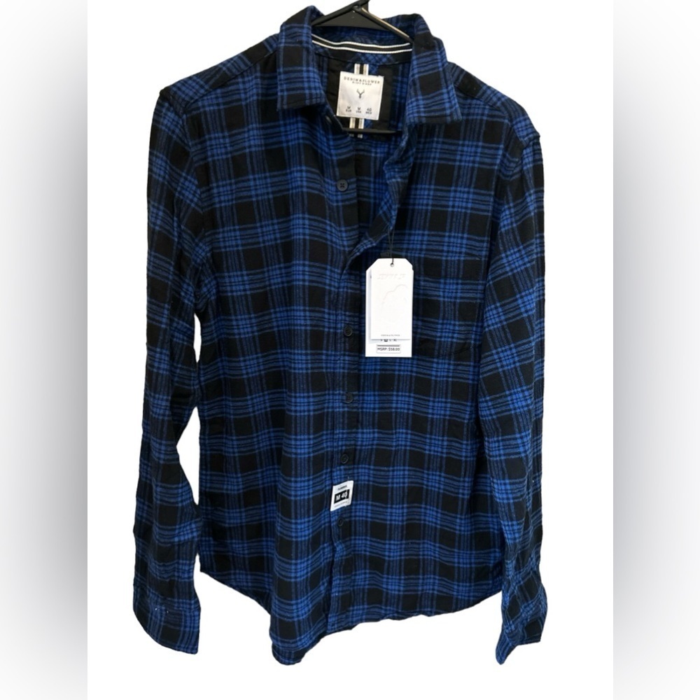 Denim & Flower black/blue flannel button down sz medium